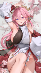 Rule 34 | 1girl, absurdres, anzu0130, areola slip, armpits, breasts, cherry blossoms, detached sleeves, fang, genshin impact, hair between eyes, hair ornament, highres, large areolae, large breasts, long hair, looking at viewer, lying, nontraditional miko, on back, open mouth, petals, pink hair, purple eyes, revision, smile, solo, sweat, thighs, white sleeves, wide sleeves, yae miko