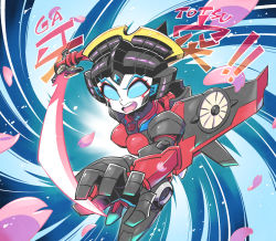 Rule 34 | 1girl, autobot, blue eyes, charging forward, chibi, dynamic pose, energy sword, holding, holding sword, holding weapon, looking at viewer, mecha musume, mechanical wings, no pupils, open mouth, petals, robot, solo, sunafuki tabito, sword, transformers, weapon, windblade, wings