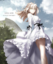 Rule 34 | &gt;:(, 1girl, absurdres, ahoge, artoria pendragon (all), artoria pendragon (fate), bare legs, black bow, blonde hair, blue sky, bow, breasts, character name, closed mouth, cloud, day, dress, english text, fate/stay night, fate (series), feet out of frame, foo (pixiv54892036), frilled dress, frills, from behind, highres, long hair, long sleeves, looking at viewer, looking back, medium breasts, outdoors, saber alter, sky, solo, standing, twitter username, v-shaped eyebrows, white dress, yellow eyes