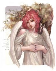 Rule 34 | 1girl, angel, angel wings, bare shoulders, brown eyes, dong-hwan go, pink hair, realistic, red hair, solo, wings