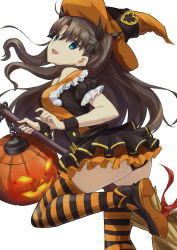 Rule 34 | 1girl, :d, a-senmei, absurdres, alternate costume, aqua eyes, ass, belt, black dress, black panties, boots, breasts, broom, brown hair, chain, dress, fate/stay night, fate (series), floating hair, frilled dress, frills, hair ribbon, halloween, halloween costume, hat, highres, holding, holding broom, jack-o&#039;-lantern, long hair, looking at viewer, open mouth, orange dress, orange hat, panties, pantyshot, pumpkin, ribbon, short dress, smile, solo, standing, standing on one leg, striped clothes, striped thighhighs, thighhighs, thighs, tohsaka rin, two-tone dress, two side up, underwear, witch hat, wrist cuffs, zettai ryouiki