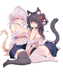 Rule 34 | 2girls, absurdres, animal ear fluff, animal ears, asymmetrical legwear, warrior of light (ff14), between legs, black hair, blue skirt, blush, breasts, cat ears, cat girl, cat tail, closed mouth, clothes pull, crossed bangs, dragon girl, dragon horns, dragon tail, facial mark, fang, feet, final fantasy, final fantasy xiv, full body, glasses, grey eyes, grey thighhighs, hair over shoulder, hair ribbon, hand between legs, hand up, high ponytail, highres, horns, kneeling, large breasts, long hair, long sleeves, looking at viewer, medium hair, miniskirt, miqo&#039;te, mole, mole under eye, multiple girls, no shoes, off shoulder, open mouth, original, pleated skirt, red eyes, red ribbon, ribbon, shirt, shirt pull, sidelocks, simple background, sitting, skin fang, skirt, soles, tail, tail raised, thighhighs, thighs, toes, tongue, two side up, wariza, wet, wet clothes, wet shirt, whisker markings, white background, white hair, white shirt, white thighhighs, yuri, zettai ryouiki, zhazhapao