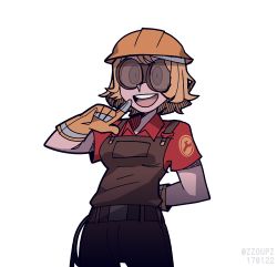 Rule 34 | 1girl, :d, arm behind back, artist name, blonde hair, blue eyes, breasts, brown overalls, commentary, dated, engineer (tf2), english commentary, finger to cheek, genderswap, genderswap (mtf), goggles, hard hat, helltaker, helmet, highres, index finger raised, looking at viewer, medium breasts, open mouth, overalls, red engineer (tf2), red shirt, shirt, short hair, short sleeves, sidelocks, simple background, smile, solo, team fortress 2, transparent background, upper body, vanripper (style), white background, yellow headwear, zzoupz