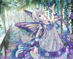 Rule 34 | 1girl, anko kinako, arched back, arm up, bird, blue eyes, bug, butterfly, butterfly wings, dress, flower, insect, insect wings, long hair, looking at viewer, original, silver hair, solo, standing, water, wings