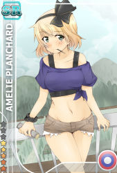 Rule 34 | 1girl, amai nekuta, amelie planchard, blonde hair, blush, character name, collarbone, crescent, crescent earrings, earrings, food, green eyes, hair ribbon, jewelry, midriff, mountain, mouth hold, navel, pocky, ribbon, scrunchie, short hair, short shorts, shorts, smile, solo, star (symbol), stomach, strike witches, strike witches: katayoku no majo-tachi, undershirt, world witches series