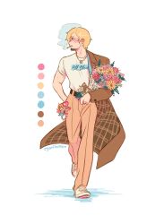 Rule 34 | 1boy, artist name, belt, black belt, black facial hair, blonde hair, blue flower, blush, bouquet, brown coat, brown pants, character charm, charm (object), cigarette, clothes writing, coat, coat partially removed, color guide, curly eyebrows, facial hair, flower, goatee, hand in pocket, heart, high-waist pants, highres, holding, holding bouquet, jewelry, looking to the side, male focus, morilatte art, nami (one piece), necklace, newspaper, one piece, pants, pink flower, red flower, sanji (one piece), shell, shell necklace, shirt, shoes, short hair, short sleeves, simple background, smoke, smoking, sneakers, solo, walking, white background, white flower, white footwear, white shirt, yellow flower