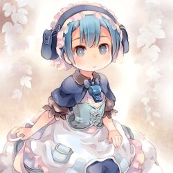 Rule 34 | 1boy, apron, blue capelet, blue eyes, blue hair, bright pupils, bustier, capelet, closed mouth, commentary, crossdressing, hairband, kuga tsukasa, looking at viewer, made in abyss, male focus, maruruk, pouch, puffy short sleeves, puffy sleeves, short hair, short sleeves, smile, solo, trap, whistle