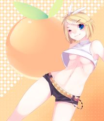 Rule 34 | 1girl, bare shoulders, belt, black shorts, blonde hair, blue eyes, bow, breasts, closed mouth, crop top, food, fruit, hair ornament, hairclip, kagamine rin, looking at viewer, loyproject, midriff, navel, no bra, one eye closed, orange (fruit), shirt, short hair, short shorts, shorts, sleeveless, sleeveless shirt, small breasts, smile, solo, swept bangs, underboob, vocaloid, white shirt, wink