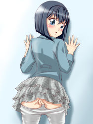 Rule 34 | 00s, 1girl, against wall, ass, ayukawa youko, blue eyes, blue hair, blush, bob cut, cleft of venus, clothes pull, female focus, from behind, highres, layered skirt, looking back, matching hair/eyes, open mouth, panties, panty pull, pantyhose, pantyhose pull, pussy, skirt, solo, standing, takappe, uncensored, underwear, upskirt, white pantyhose, yumeiro patissiere