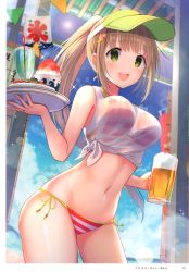 Rule 34 | 1girl, absurdres, alcohol, artist name, bare shoulders, beer, beer mug, bikini, blue sky, blush, breasts, cloud, cloudy sky, cup, day, drinking straw, dual wielding, food, green eyes, hair ornament, hairclip, highres, holding, indoors, light brown hair, long hair, looking at viewer, medium breasts, melonbooks, mug, navel, ocean, open mouth, page number, ponytail, scan, see-through, side-tie bikini bottom, simple background, sky, smile, solo, sparkle, stomach, striped bikini, striped clothes, sun, sunlight, swimsuit, thighs, tray, u rin, visor cap