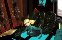 Rule 34 | 1girl, armor, bad id, bad pixiv id, blonde hair, blue eyes, breast press, breasts squeezed together, breasts, groping, heart, huge breasts, metroid, metroid prime hunters, nintendo, pinned, ponytail, sage (mami1210), samus aran, size difference, weavel, you gonna get raped, zero suit