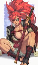 Rule 34 | 1girl, amputee, armor, baiken, big hair, black footwear, black jacket, breasts, cleavage, eyepatch, facial mark, guilty gear, guilty gear xrd, highres, holding, holding sword, holding weapon, huge breasts, jacket, jacket on shoulders, japanese armor, japanese clothes, katana, kimono, kote, lips, long hair, obi, one-eyed, open clothes, open jacket, ponytail, red eyes, red hair, riz, rope, sandals, sash, scar, scar across eye, scar on face, sheath, sheathed, shimenawa, sitting, solo, sweat, sword, veins, veiny breasts, weapon, white kimono