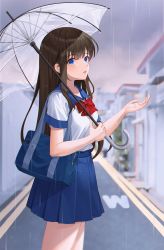 Rule 34 | 1girl, bag, blue eyes, blue skirt, bow, bowtie, brown hair, building, collared shirt, from side, highres, holding, holding umbrella, long hair, nri, open mouth, original, outdoors, outstretched arm, pleated skirt, rain, red bow, red bowtie, road, school bag, school uniform, shirt, short sleeves, skirt, solo, transparent, transparent umbrella, umbrella, white shirt