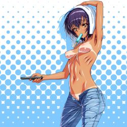 Rule 34 | 1girl, armpits, breasts, brown eyes, female focus, food, funami yui, groin, highres, inagaki, looking at viewer, mouth hold, navel, nipples, aged up, popsicle, purple hair, short hair, solo, standing, tan, tanline, topless, towel, unbuttoned, wet, yuru yuri