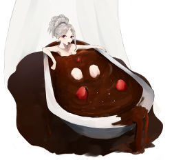 Rule 34 | 1girl, absurdres, bath, bathing, bathtub, chocolate, chocolate bath, completely nude, food, food in mouth, fruit, grey hair, highres, knees up, looking at viewer, medium hair, mouth hold, nude, original, partially submerged, pikuson, purple eyes, simple background, solo, spilling, strawberry, white background, white hair
