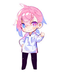 Rule 34 | 1boy, absurdres, ahoge, asymmetrical hair, black pantyhose, black shirt, blue eyes, blush, chibi, clenched hand, commentary request, dot nose, ear piercing, earrings, full body, furrowed brow, hand on own hip, hand up, heterochromia, highres, hood, hoodie, jewelry, looking at viewer, male focus, original, pantyhose, parted bangs, piercing, pink eyes, pink hair, ponytail, raito-kun (uenomigi), shirt, short hair, short ponytail, simple background, smile, solo, tagme, uenomigi, white background, white hoodie