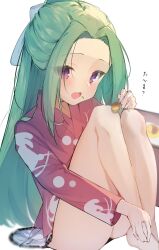 1girl absurdres backlighting barefoot blush commentary eyes_visible_through_hair food forehead fork green_hair hair_ribbon half_updo highres holding holding_fork incoming_food knees_up koiirohanab legs_together long_hair long_sleeves looking_at_viewer musical_note musical_note_print natsuzora_kanata open_mouth parted_bangs pudding purple_eyes red_shirt ribbon shichijou_sasara shirt simple_background sitting solo straight_hair thighs translated very_long_hair white_background white_ribbon