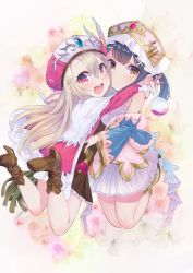 Rule 34 | 2girls, :d, absurdres, atelier (series), atelier totori, bare shoulders, blue jacket, blush, boots, brown dress, brown eyes, brown footwear, brown hair, closed mouth, commentary request, cosplay, dress, fate/kaleid liner prisma illya, fate (series), fingernails, flask, hair between eyes, hat, high heel boots, high heels, highres, holding, hug, illyasviel von einzbern, jacket, light brown hair, long hair, long sleeves, miyu edelfelt, multiple girls, off shoulder, open mouth, p answer, pink hat, red eyes, rororina fryxell, rororina fryxell (cosplay), round-bottom flask, shoe soles, sleeveless, sleeveless dress, smile, teeth, totooria helmold, totooria helmold (cosplay), upper teeth only, very long hair, vial, white dress, white hat, wide sleeves