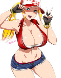 Rule 34 | 1girl, bare shoulders, baseball cap, breasts, cleavage, commentary request, fatal fury, genderswap, genderswap (mtf), hat, highres, large breasts, midriff, navel, okyou, open fly, panties, ponytail, short shorts, shorts, simple background, solo, terry bogard, the king of fighters, thighs, underwear, v, white background