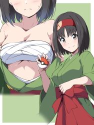 1girl bare_shoulders black_hair blush borgbutler breasts brown_eyes cleavage commentary_request creatures_(company) erika_(pokemon) game_freak green_background green_kimono highres holding holding_poke_ball japanese_clothes kimono medium_breasts multiple_views nintendo open_clothes open_kimono poke_ball pokemon pokemon_lgpe sarashi short_hair smile stomach underboob