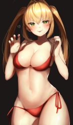 Rule 34 | 1girl, :p, ahoge, bikini, black background, blonde hair, blush, breasts, claw pose, cleavage, collarbone, commentary request, cowboy shot, fate (series), green eyes, groin tendon, hair between eyes, hair intakes, hands up, heart, highres, large breasts, long hair, nail polish, navel, nero claudius (fate), nero claudius (fate) (all), nero claudius (swimsuit caster) (fate), red bikini, red nails, side-tie bikini bottom, smile, solo, standing, stomach, strap gap, strap pull, swimsuit, thighs, tongue, tongue out, twintails, twintails day, yayoi maka