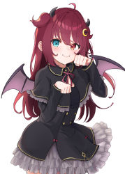 Rule 34 | 1girl, :t, ahoge, black dress, blue eyes, blush, capelet, commentary, crescent, crescent hair ornament, demon girl, demon horns, demon wings, dress, fang, frilled skirt, frills, hair between eyes, hair ornament, heterochromia, highres, horns, long hair, long sleeves, looking at viewer, nijisanji, paw pose, red eyes, red hair, simple background, skin fang, skirt, smile, solo, two side up, virtual youtuber, white background, wings, yudetama, yuzuki roa