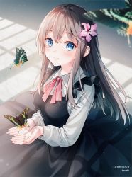 Rule 34 | 1girl, black skirt, blue eyes, blush, breasts, brown hair, bug, butterfly, closed mouth, commission, ear focus, frilled sleeves, frills, hair between eyes, hair ornament, highres, insect, large breasts, long hair, long sleeves, looking at viewer, looking up, original, pink ribbon, red ribbon, ribbon, shadow, shirt, skirt, smile, sunlight, tadano yukiko, twitter username, white shirt, wringing clothes, wringing skirt, wrinkled fabric