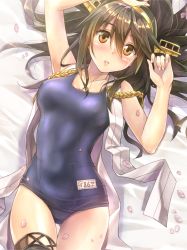 Rule 34 | 10s, 1girl, :o, aiguillette, arms up, bare arms, bare shoulders, bed sheet, black thighhighs, blue one-piece swimsuit, blush, breasts, brown hair, collarbone, competition school swimsuit, fingernails, haruna (kancolle), headgear, highres, kantai collection, koyuki (kotatsu358), long hair, looking at viewer, medium breasts, name tag, old school swimsuit, one-piece swimsuit, open clothes, open shirt, orange eyes, parted lips, petals, pink lips, school swimsuit, shirt, sleeveless, sleeveless shirt, solo, swimsuit, thigh gap, thighhighs, thighs, very long hair, white shirt