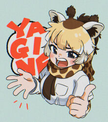 Rule 34 | 1girl, animal ears, appleq, blonde hair, blush, breasts, brown hair, commentary request, cropped torso, giraffe ears, grey background, grey eyes, hands up, highres, kemono friends, layered sleeves, long sleeves, looking at viewer, medium breasts, multicolored hair, open mouth, reticulated giraffe (kemono friends), shirt, short over long sleeves, short sleeves, simple background, solo, thick eyebrows, two-tone hair, upper body, v-shaped eyebrows, white hair, white shirt
