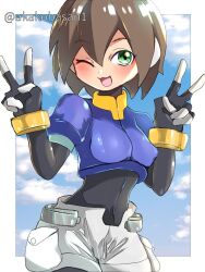 1girl :3 aile_(mega_man_zx) akako83 black_bodysuit blue_jacket blush bodysuit bodysuit_under_clothes border breasts brown_hair cropped_jacket double_v green_eyes jacket medium_breasts mega_man_(series) mega_man_zx one_eye_closed open_mouth robot_ears short_hair shorts solo twitter_username v white_border white_shorts