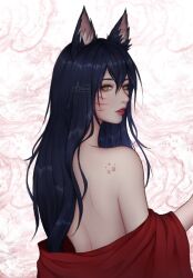 Rule 34 | 1girl, ahri (league of legends), animal ears, artelsia, bare shoulders, black hair, facial mark, fox ears, from behind, hair between eyes, highres, league of legends, long hair, long sleeves, orange eyes, parted lips, red lips, solo, teeth, upper body, whisker markings, white background