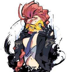 Rule 34 | 1girl, amiami, belt, breasts, cleavage, crimson viper, female focus, gloves, jacket, navel, necktie, red hair, simple background, solo, street fighter, street fighter iv (series), white background