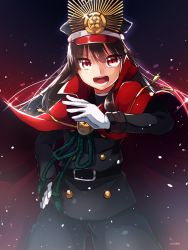 Rule 34 | 1girl, :d, bad id, bad pixiv id, belt, black hair, cape, cowboy shot, fate/grand order, fate (series), gloves, hand on own hip, hat, hat ornament, highres, ichiren namiro, koha-ace, long hair, long sleeves, looking at viewer, military, military uniform, oda nobunaga (fate), oda nobunaga (koha-ace), open mouth, peaked cap, red eyes, smile, solo, uniform, white gloves