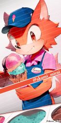 Rule 34 | 1boy, animal ears, animal nose, apron, artist name, avatar (sonic forces), blue apron, blue hat, blush, character name, closed mouth, clothes writing, fang, food, food print, furry, furry male, gradient background, grey background, hands up, hat, holding, holding food, holding ice cream, ice cream, iiimirai, looking at viewer, male focus, pink shirt, red eyes, red fur, shirt, short sleeves, simple background, smile, solo, sonic (series), sonic forces, standing, table, tail, watermark, white background, wing collar, wolf boy, wolf ears, wolf tail