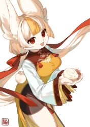 Rule 34 | 1girl, :d, animal-themed food, animal ear fluff, animal ears, artist name, blonde hair, blunt bangs, body fur, bun (food), china dress, chinese clothes, commentary, cowboy shot, dress, floating hair, food, from above, furry, furry female, hair ribbon, highres, holding, holding food, kawarage yatano, layered sleeves, long hair, long sleeves, low twintails, multicolored hair, open mouth, original, own hands together, pawpads, rabbit ears, rabbit girl, rabbit tail, red eyes, ribbon, simple background, smile, solo, standing, tail, tassel, twintails, two-tone hair, white background, white fur, white hair, wide sleeves, yellow dress