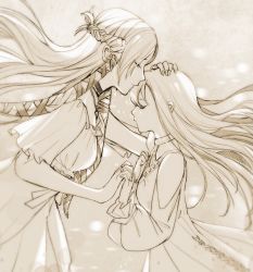Rule 34 | 2girls, chinese commentary, closed eyes, closed mouth, commentary request, dress, final fantasy, final fantasy xiv, floating hair, from side, greyscale, half updo, hand on another&#039;s head, highres, holding hands, kiss, kissing forehead, long hair, minfilia warde, monochrome, multiple girls, off-shoulder dress, off shoulder, profile, ryne waters, simite