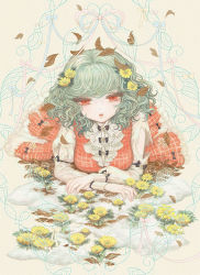 Rule 34 | 1girl, :o, ascot, blouse, daffodil, eyelashes, female focus, flower, green hair, green theme, hair flower, hair ornament, kazami yuuka, leaf, leaf on head, lips, looking at viewer, lying, object on head, on stomach, open mouth, parted lips, plaid, plaid skirt, plaid vest, red eyes, ribbon, shirt, short hair, skirt, skirt set, snow, solo, sunflower, takatora, torn clothes, touhou, vest, wavy hair