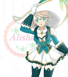 Rule 34 | 10s, 1girl, alisha diphda, aqua eyes, breasts, brown hair, character name, choker, cleavage, earrings, frills, gloves, hat, jacket, jewelry, long hair, open mouth, simple background, skirt, tales of (series), tales of zestiria, thighhighs
