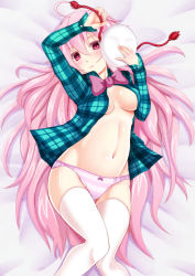 Rule 34 | 1girl, blush, bow, bow panties, breasts, ebi 193, expressionless, hata no kokoro, large breasts, long hair, long sleeves, looking at viewer, lying, mask, navel, no bra, no pants, on back, open clothes, open shirt, panties, pink eyes, pink hair, pink panties, plaid, plaid shirt, purple panties, shirt, solo, striped clothes, striped panties, thighhighs, touhou, underwear, very long hair, white thighhighs