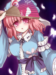 Rule 34 | 1girl, breasts, bug, butterfly, female focus, hand fan, hat, insect, japanese clothes, large breasts, looking at viewer, petals, pink hair, purple eyes, ry (yagoyago), saigyouji yuyuko, short hair, solo, touhou, triangular headpiece, upper body