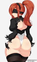 Rule 34 | 1girl, absurdres, ass, blindfold, breasts, cosplay, deep skin, from behind, gloves, highres, hioyami, huge ass, large breasts, leotard, long hair, nier (series), nier:automata, open mouth, orange hair, original, shiny skin, sideboob, solo, thighhighs, thong, thong leotard, 2b (nier:automata), 2b (nier:automata) (cosplay)