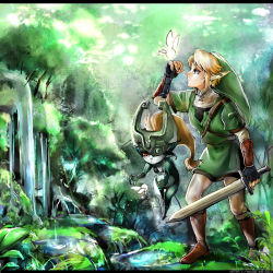 Rule 34 | 1boy, 1girl, blonde hair, blue eyes, fairy, forest, hat, holding, holding sword, holding weapon, link, midna, muse (rainforest), nature, nintendo, orange hair, pointy ears, red eyes, sword, the legend of zelda, the legend of zelda: twilight princess, weapon