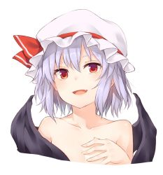 Rule 34 | 1girl, :d, bat wings, blue hair, collarbone, commentary request, cropped torso, fang, flat chest, hair between eyes, hand on own chest, hat, hat ribbon, highres, looking at viewer, miyo (ranthath), mob cap, nude, open mouth, red eyes, red ribbon, remilia scarlet, ribbon, short hair, simple background, smile, solo, touhou, upper body, white background, white hat, wings