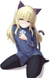 Rule 34 | 1girl, absurdres, animal ears, black pantyhose, blonde hair, blunt bangs, cat ears, fankupl, glasses, hand on own chest, highres, long hair, long sleeves, military, military uniform, pantyhose, perrine h. clostermann, simple background, sitting, smile, solo, strike witches, tail, uniform, white background, world witches series, yellow eyes