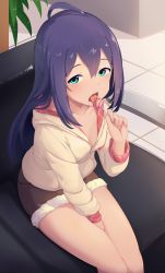 Rule 34 | 1girl, ahoge, aqua eyes, candy, collarbone, food, highres, hood, hoodie, idolmaster, idolmaster million live!, indoors, licking, lollipop, long hair, looking at viewer, mochizuki anna, naughty face, open mouth, purple hair, sexually suggestive, shorts, sitting, solo, tongue, tongue out, yoshika (music480069)