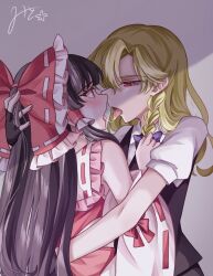 2girls black_hair black_vest blonde_hair blush bow bowtie braid commentary_request detached_sleeves frills hair_bow hair_tubes hakurei_reimu highres kirisame_marisa long_hair mito_(fate) multiple_girls open_mouth piercing red_bow red_eyes saliva saliva_trail short_sleeves side_braid signature simple_background tongue tongue_out tongue_piercing touhou upper_body vest white_sleeves yuri