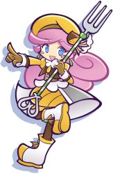 Rule 34 | blue eyes, blush stickers, boots, brown gloves, brown headwear, dress, drop shadow, fork, gloves, holding, holding fork, long hair, open mouth, oversized object, pantyhose, pimyuhuwa, pink hair, puyopuyo, puyopuyo fever, raffina (puyopuyo), transparent background, white footwear