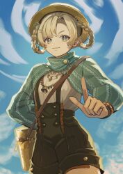 Rule 34 | 1girl, arm behind back, bag, blonde hair, blue eyes, blue sky, blue sleeves, boater hat, braid, brown headwear, brown shorts, cloud, cowboy shot, hair rings, highres, index finger raised, jewelry, looking at viewer, matilda bouanich, matilda bouanich (the genius&#039;s holiday), necklace, outstretched hand, overall shorts, overalls, parted lips, reverse:1999, ritarou, shirt, shorts, shoulder bag, shrug (clothing), sky, smile, solo, twin braids, v-shaped eyebrows, white shirt