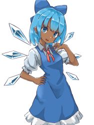 Rule 34 | 1girl, annyui (cookie), blue dress, blue eyes, blue hair, bow, cirno, commentary, cookie (touhou), dark-skinned female, dark skin, dress, feet out of frame, hair bow, highres, ice, ice wings, looking at viewer, neck ribbon, nob1109, open mouth, pinafore dress, puffy short sleeves, puffy sleeves, red ribbon, ribbon, shirt, short hair, short sleeves, simple background, sleeveless dress, solo, tan, tanned cirno, touhou, white background, white shirt, wing collar, wings