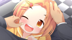 Rule 34 | 10s, 1girl, ;d, blonde hair, blush, checkered floor, cheek pinching, commentary, from above, hair ornament, hairclip, hand on another&#039;s head, happy, highres, idolmaster, idolmaster cinderella girls, looking at viewer, looking up, makuran, one eye closed, open mouth, orange eyes, pinching, pov, pov hands, ryuzaki kaoru, short hair, smile, solo focus
